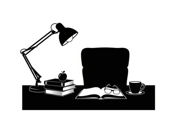 Black and White Desk with Books Lamp Graphics