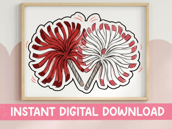 Crossed Cheer Pom Poms Red and White Graphics