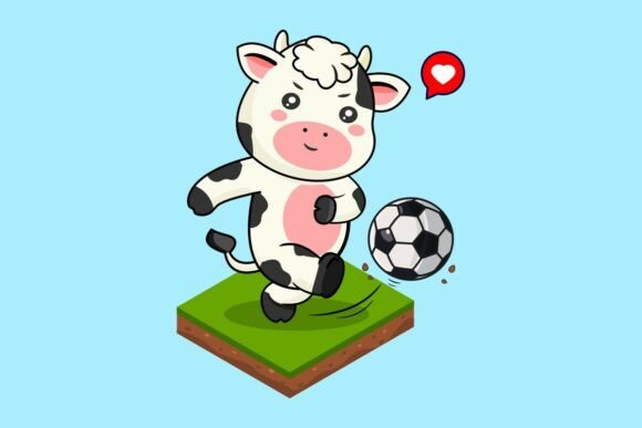 Cute Cartoon Cow Kick Football Soccer Graphics