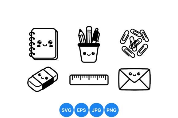 Cute Kawaii Stationery Icons for Graphics and Illustrations
