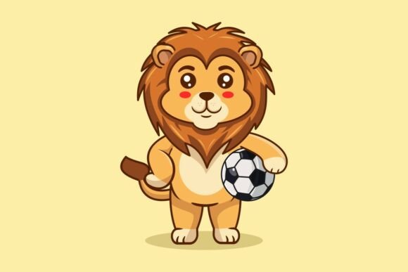 Cute Lion Mascot Holding Soccer Ball