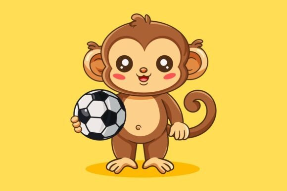 Cute Monkey Holding Soccer Ball Graphics and Illustrations