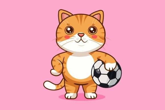 Cute Orange Cat Holding Soccer Ball Graphics