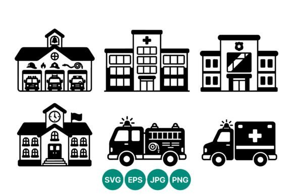 Emergency Building Icons Black and White Graphics